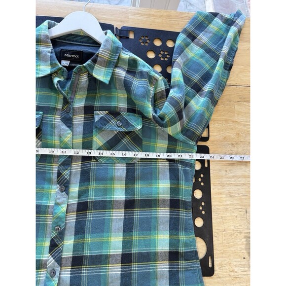 MARMOT Flannel Shirt XL Button Up Turquoise Plaid Cotton Knit Blend Garpcore EUC - Picture 3 of 10